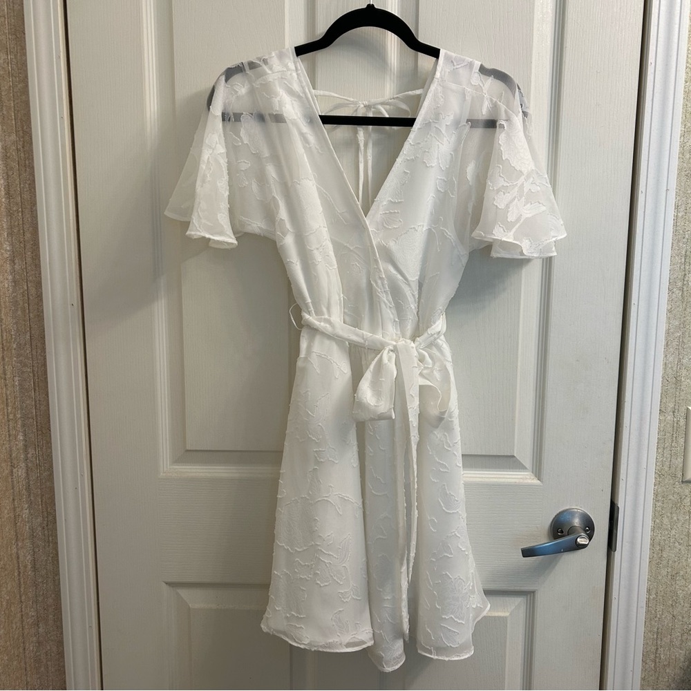 Lulus Flutter Forever White Burnout Jacquard Flutter Sleeve Mini Dress